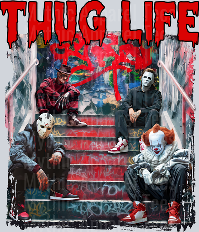 Red Letters THUG LIFE Freddy Krueger Jason Vorhees Michael Myers Pennywise Frankenstein Gangster Pose Horror Movie DTF Thug Life Transfers