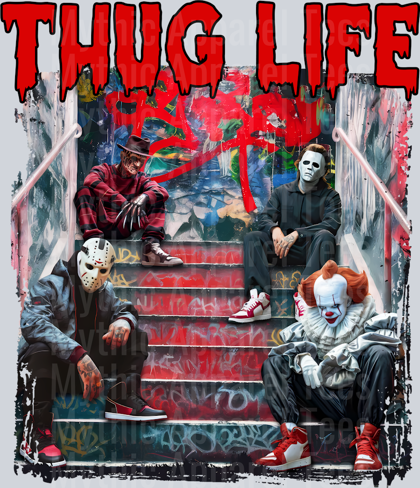 Red Letters THUG LIFE Freddy Krueger Jason Vorhees Michael Myers Pennywise Frankenstein Gangster Pose Horror Movie DTF Thug Life Transfers