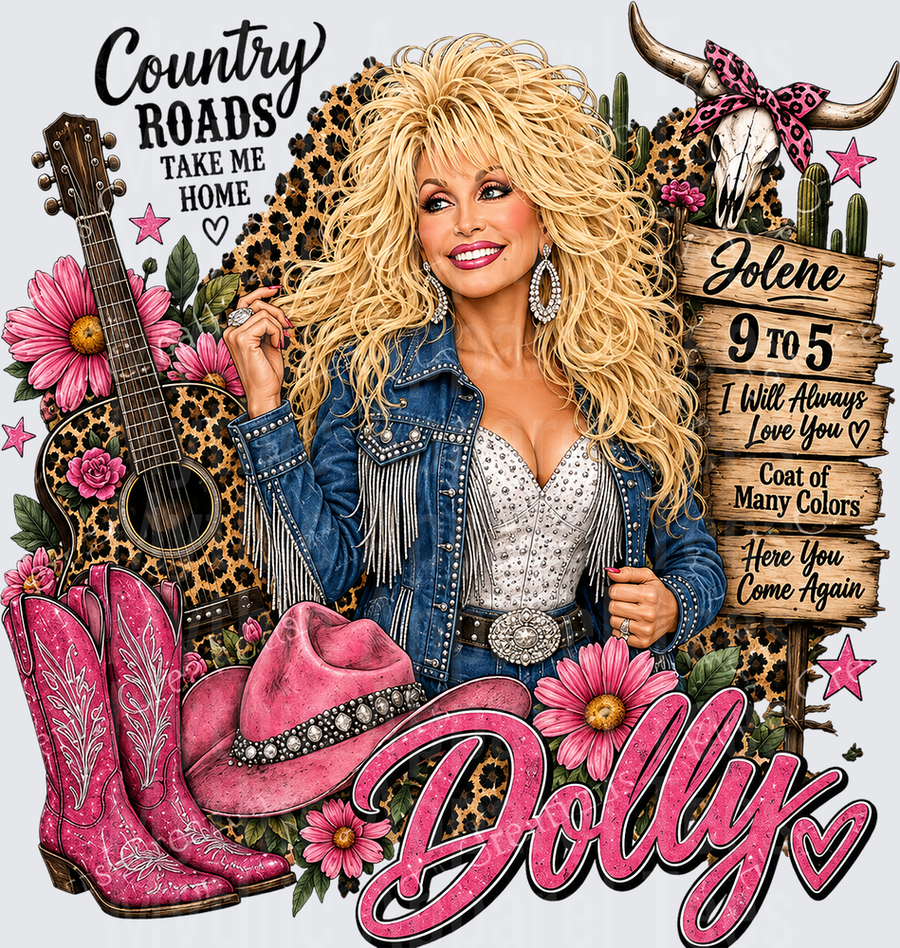 Dolly Parton Country Roads Take Me Home Jolene 9 to 5 I Will Always Love You Pink Cowgirl Boots Hat Guitar Leopard Floral Western Design