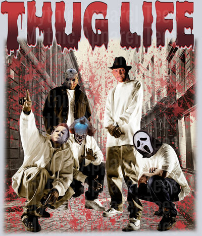 Red Gradient Letters Scream THUG LIFE Freddy Krueger Jason Vorhees Michael Myers Pennywise Gangster Pose Horror Movie DTF Thug Life Transfers