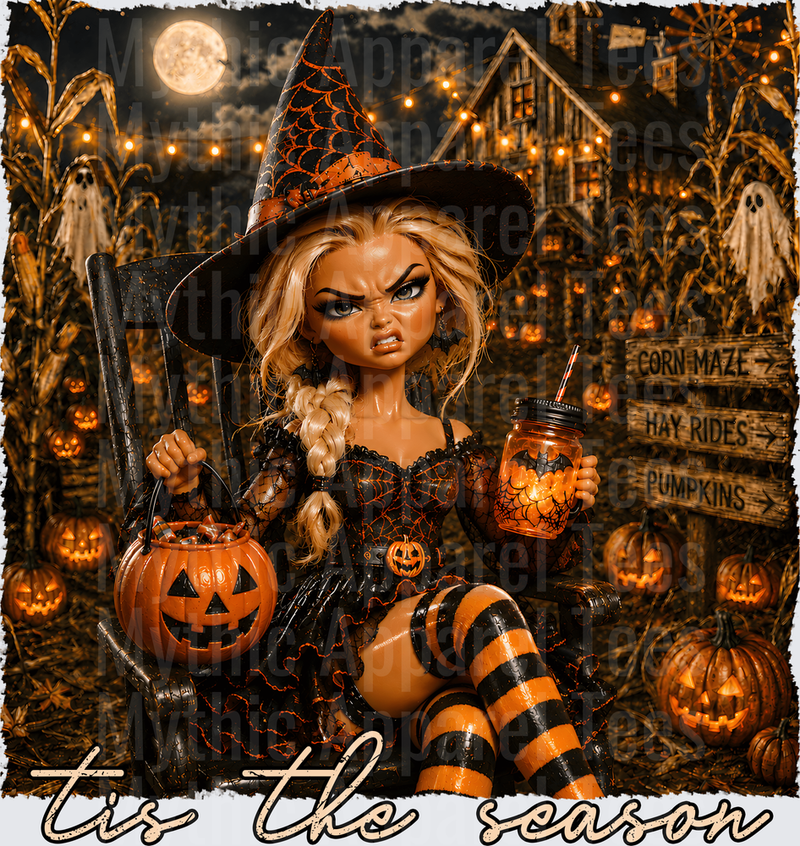 Sassy Bratz-Style Witch Doll Tis The Season Halloween Corn Maze Pumpkin Patch Full Moon Scene
