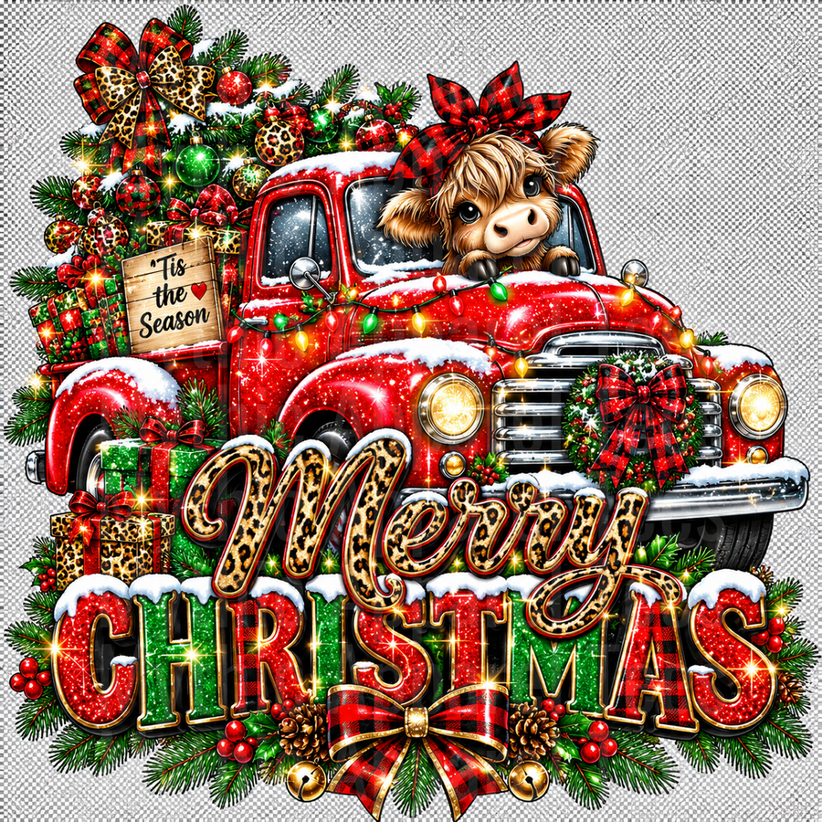Christmas Highland Cow Driving Red Vintage Truck Tis The Season Leopard Print Merry Christmas Buffalo Plaid Bow Holiday Design