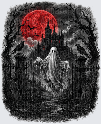 Halloween Ghost Rising from Cemetery Gates Under Blood Red Moon with Ravens and Gothic Castle
