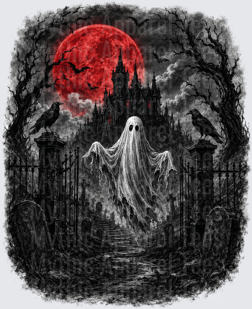 Halloween Ghost Rising from Cemetery Gates Under Blood Red Moon with Ravens and Gothic Castle
