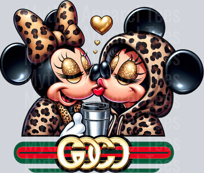 Mickey and Minnie kissing gold heart Leopard print jacket Disney DTF Gucci Disney Transfers