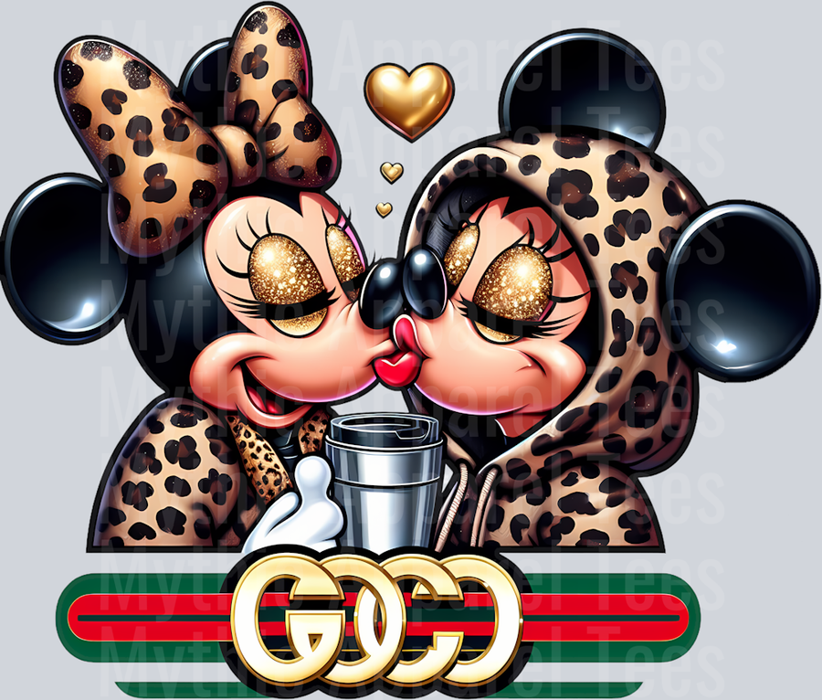 Mickey and Minnie kissing gold heart Leopard print jacket Disney DTF Gucci Disney Transfers