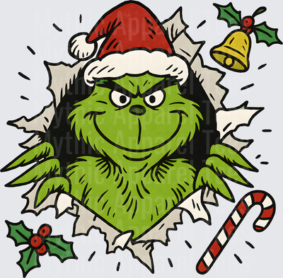 Grinch Bursting Through Paper Santa Hat Holiday Icons Candy Cane Bell Holly Christmas