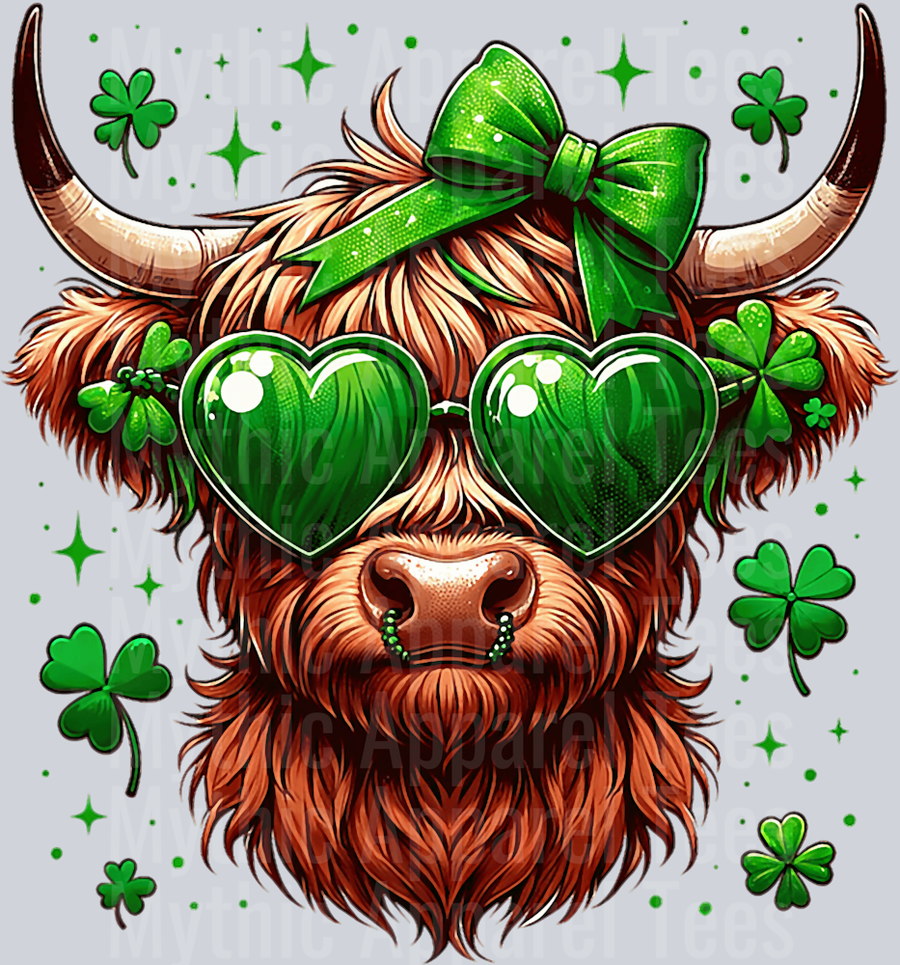 Green bow and Glasses St Patrick's Day Highland Cow DTF Highland Cow Transfers
