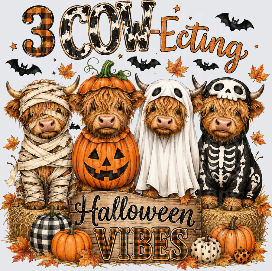 3 COW-Ecting Halloween Vibes Highland Cows Mummy Ghost Skeleton Pumpkin Fall Autumn Bats Hay Bale