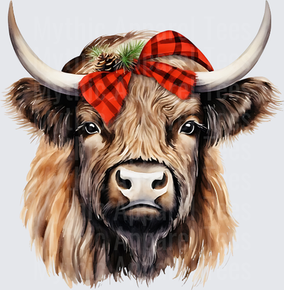 Highland Christmas Cow with Red Buffalo Plaid Bow and Pinecone