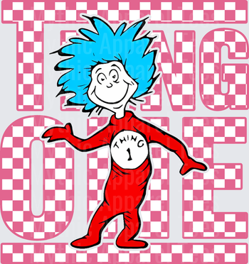 DR Seuss Thing One Blue Hair Red Suit Pink Checkered Design