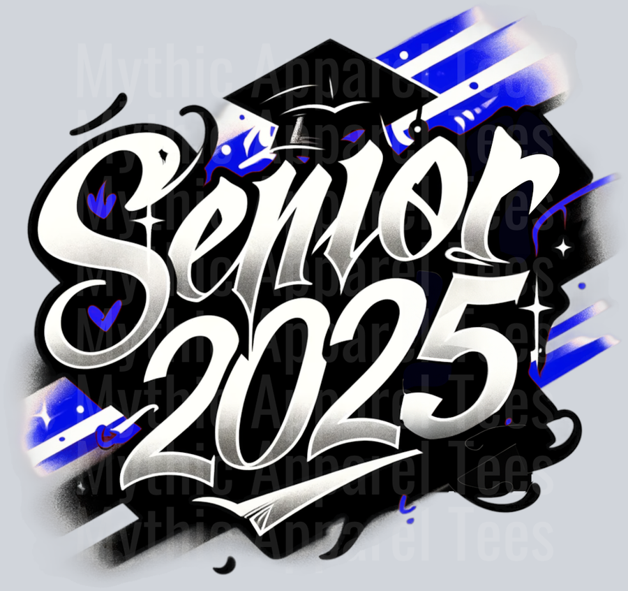 0022 Senior 2025 Airbrushed Blue and Black DTF 2025 Senior Graduation Transfers