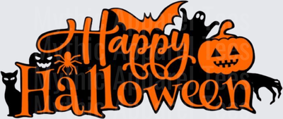 Halloween Gothic Witches Happy Halloween Orange Black Script with Jack-o-Lantern Cat Bat Ghost Spider