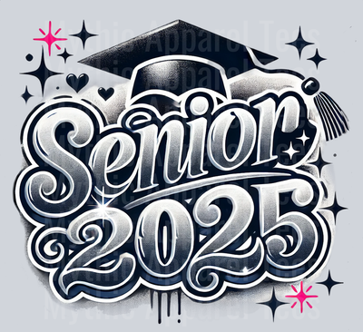 0013 Senior 2025 Airbrushed Black and White DTF 2025 Senior Graduation Transfers