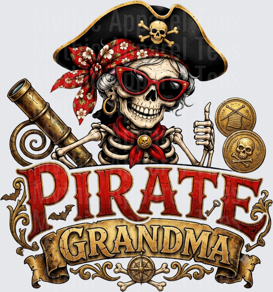 Pirate Grandma Skeleton with Red Sunglasses Floral Bandana Tricorn Hat and Spyglass