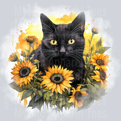 Black cat with yellow flowers cute DTF Cat Transfers