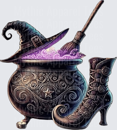 Ornate Witch Cauldron Bubbling Purple Potion with Hat Broom and Buckled Boot Halloween