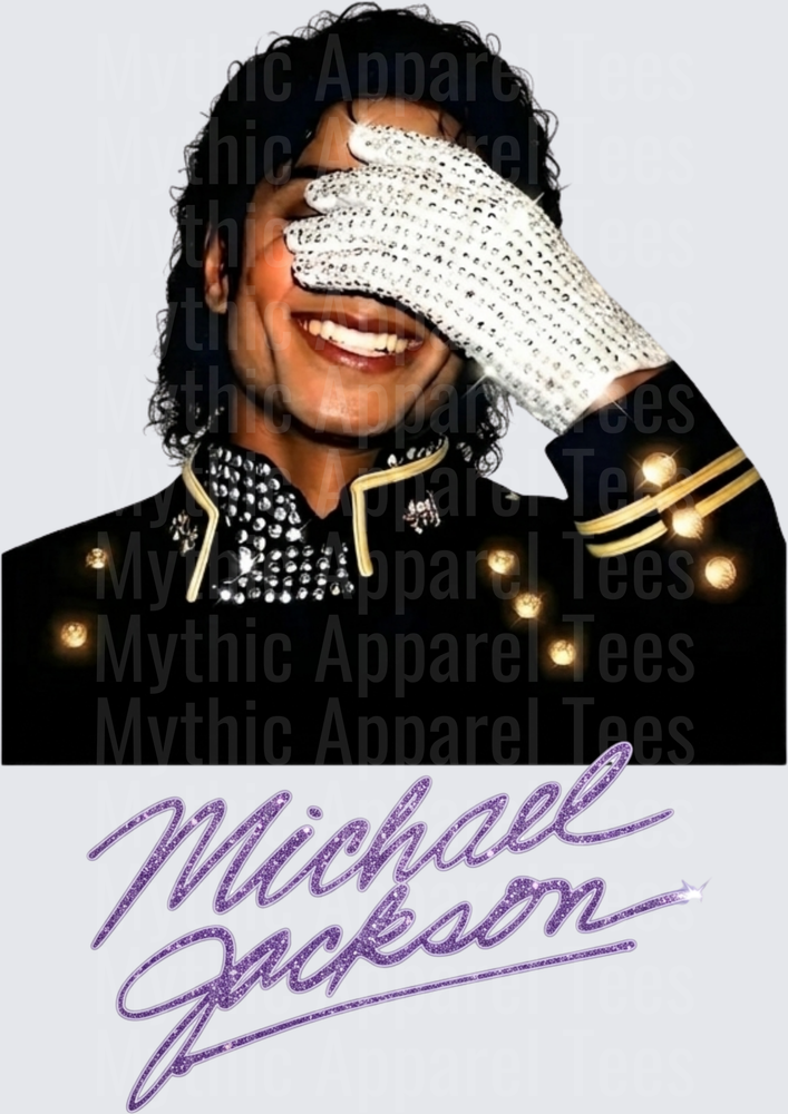 Michael Jackson Smiling With Iconic White Sequin Glove Covering Eye Military Jacket Purple Glitter Signature