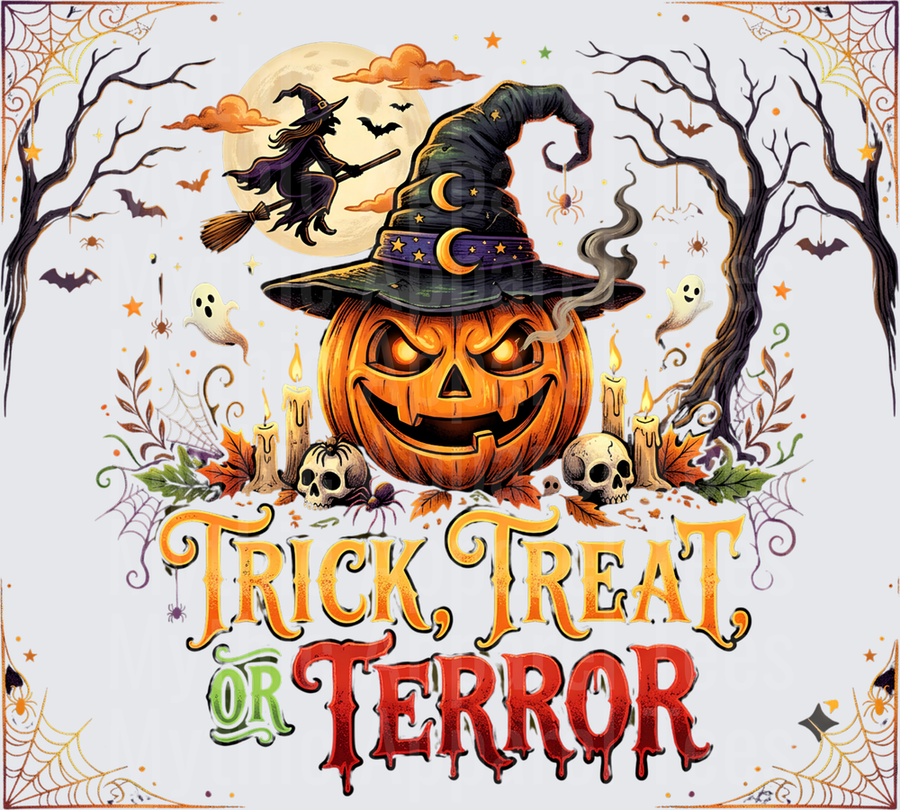 Trick Treat or Terror Jack-o-Lantern Witch Hat Pumpkin with Skulls Candles Bats Ghosts and Flying Witch Halloween