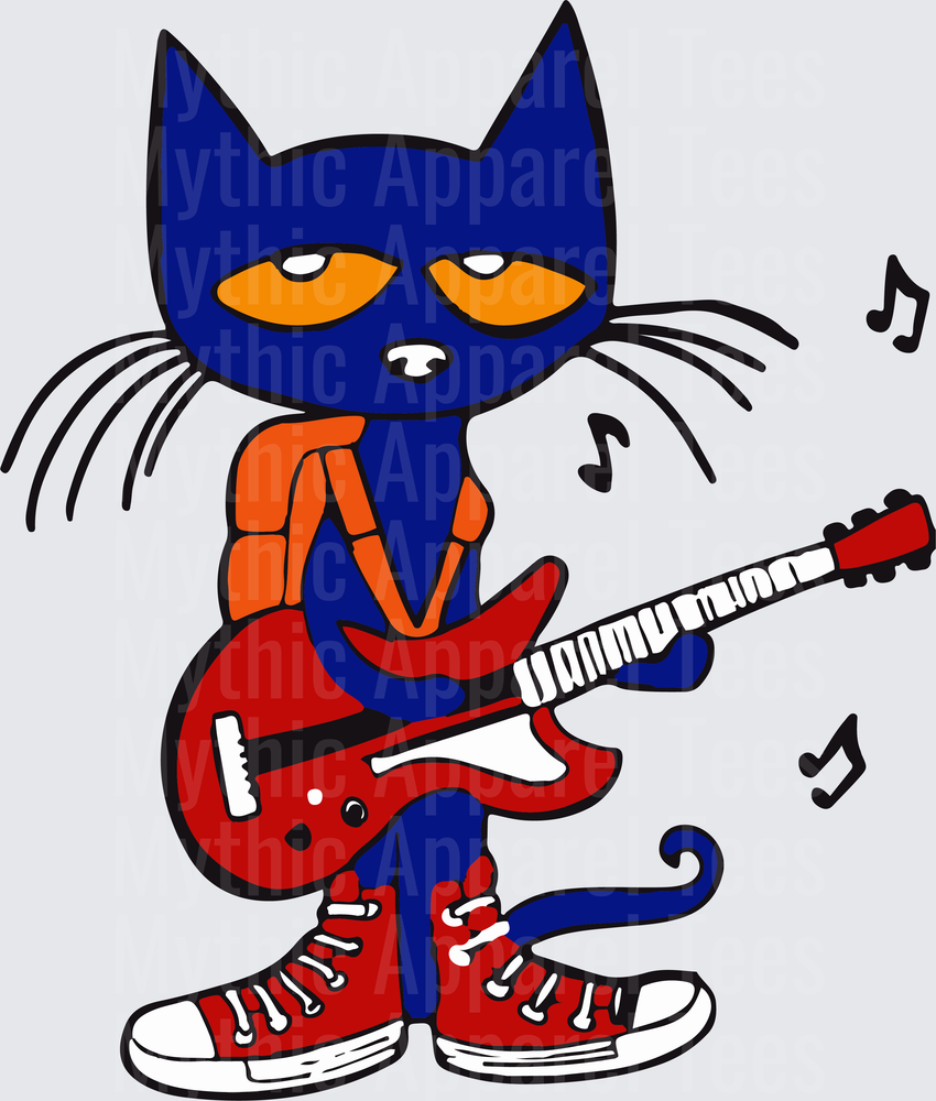 Pete the Cat Rocking Out on Red Electric Guitar with Red Sneakers and Floating Music Notes