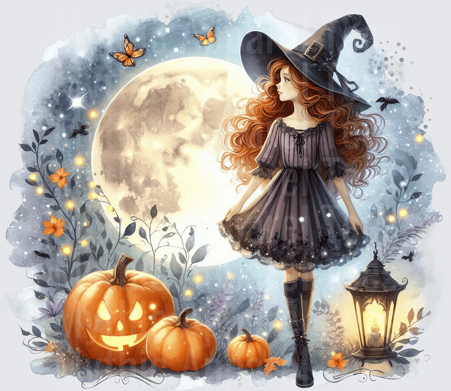 Halloween Gothic Witches Redhead Full Moon Jack-o-Lantern Lantern Watercolor