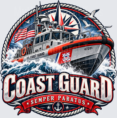 Coast Guard Semper Paratus Motor Lifeboat 47201 Rope Border Compass Rose American Flag Nautical Design