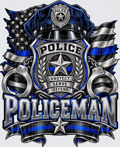 Police Policeman Thin Blue Line Badge Protect Serve Defend Handcuffs American Flag Design