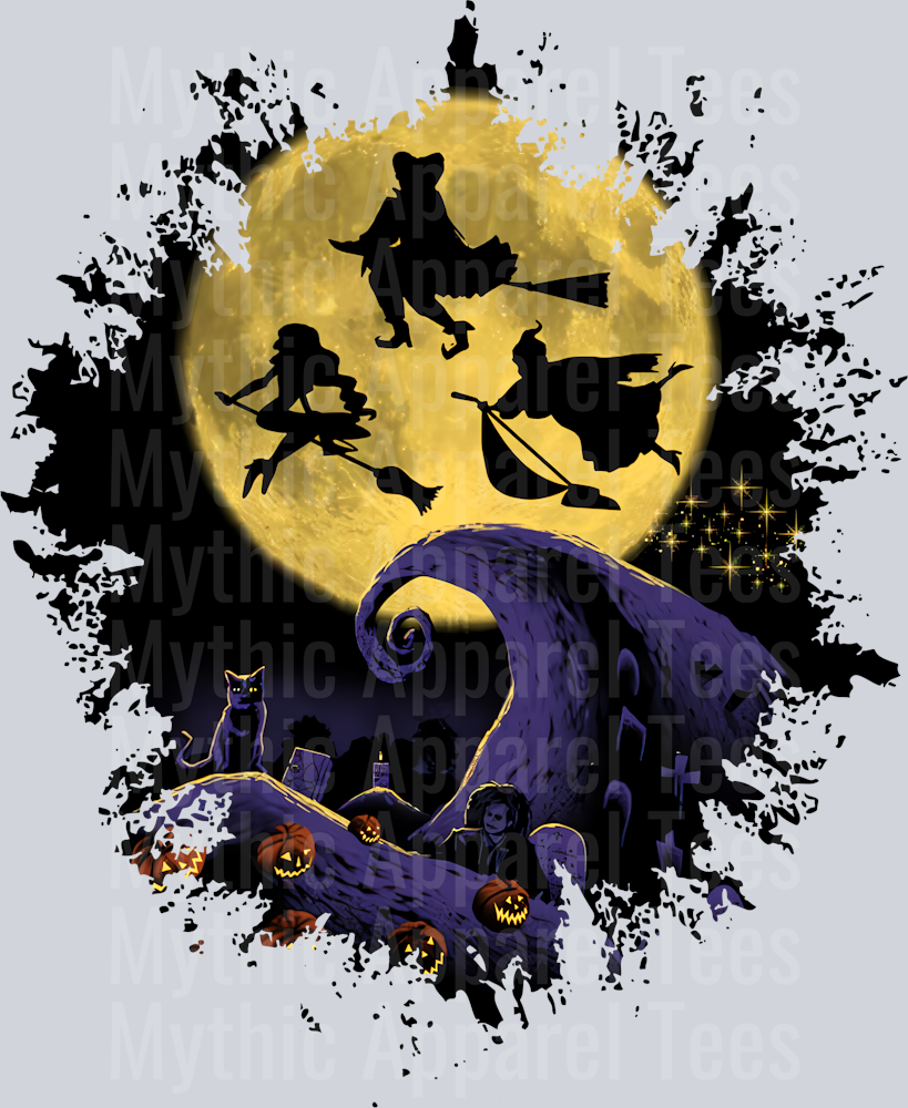Hocus Pocus Sanderson sisters Nightmare Before Christmas Crossover Dark Silhouette Color Splash Crystal Ball Vision