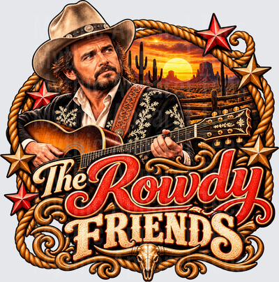 Rowdy Cowboy Guitarist Desert Sunset Western Stars Rope Border The Rowdy Friends Longhorn Skull Country Music Design
