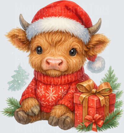 Highland Christmas Cow Baby in Santa Hat and Snowflake Sweater