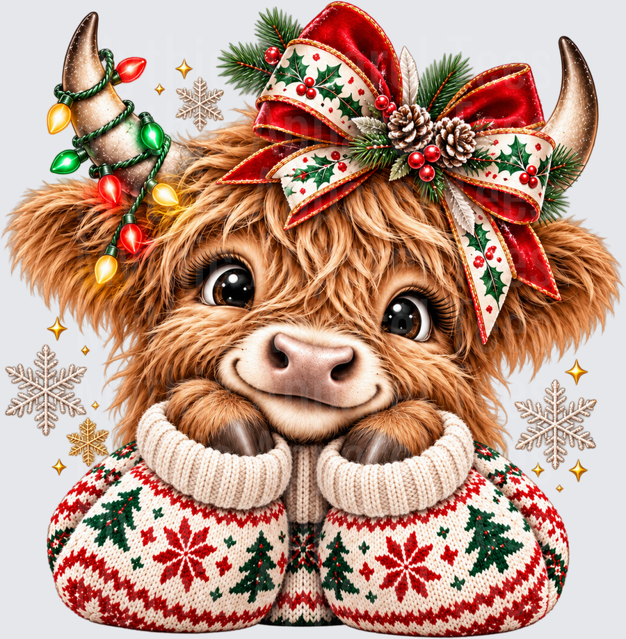 Cute Baby Highland Cow Christmas Ugly Sweater Holly Bow and Lights Snowflakes