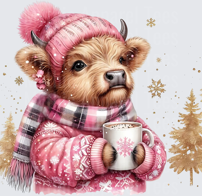 Highland Christmas Cow Pink Winter Beanie Hot Cocoa Snowflakes