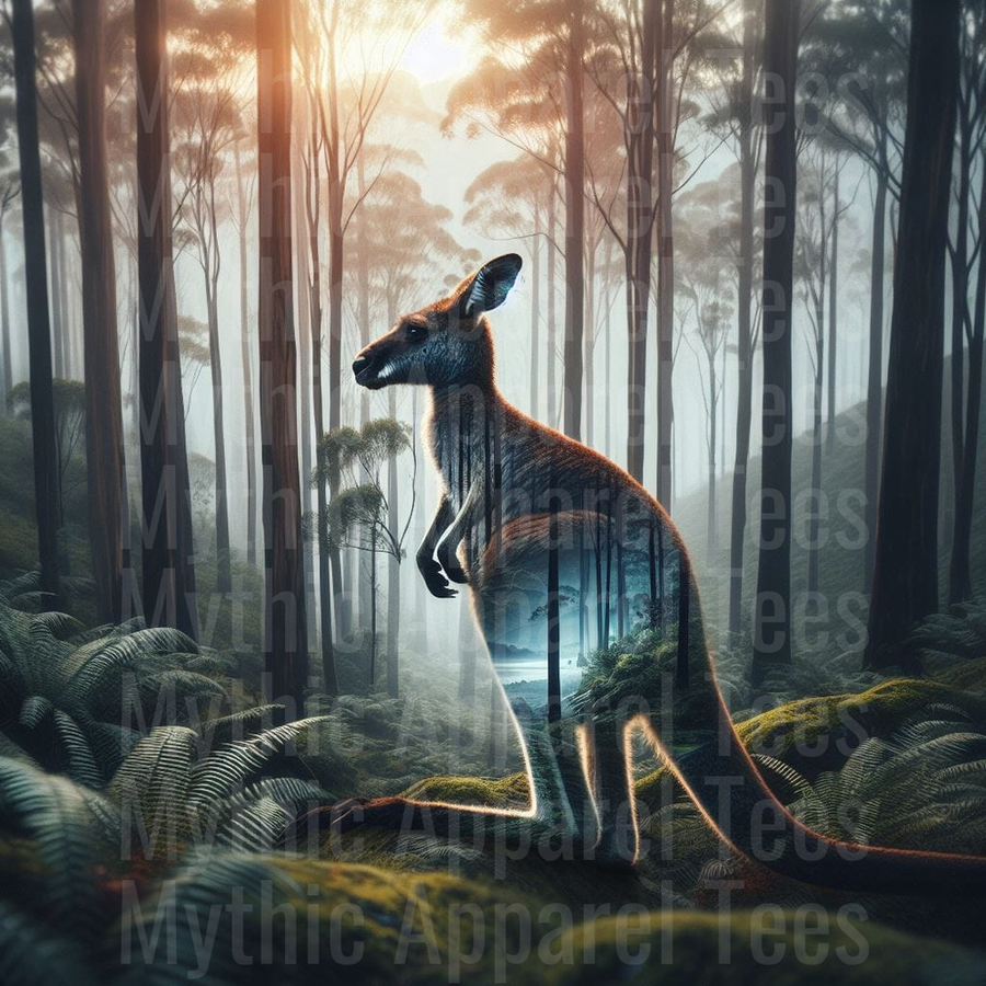 Majestic Kangaroo Double Exposure Misty Eucalyptus Forest Sunrise