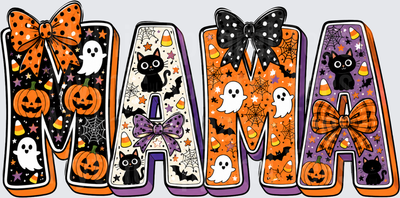 Halloween Mama Bold Letter Design with Ghosts Pumpkins Black Cats Bats Candy Corn Spider Webs and Decorative Bows in Orange Purple and Black