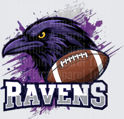 Ravens Mascot Purple Raven Head Holding Football Grunge Splatter Sports Logo