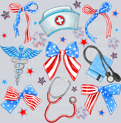 4th of july Nurse Bow with American Flag Style Red White and Blue Patriotic DTF 4th of July Transfers