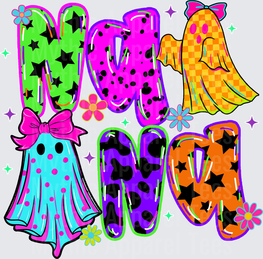 Halloween Nana Bubble Letter Design with Cute Bow Ghost and Polka Dot Ghost in Bright Neon Colors with Stars Flowers and Cow Print Accents