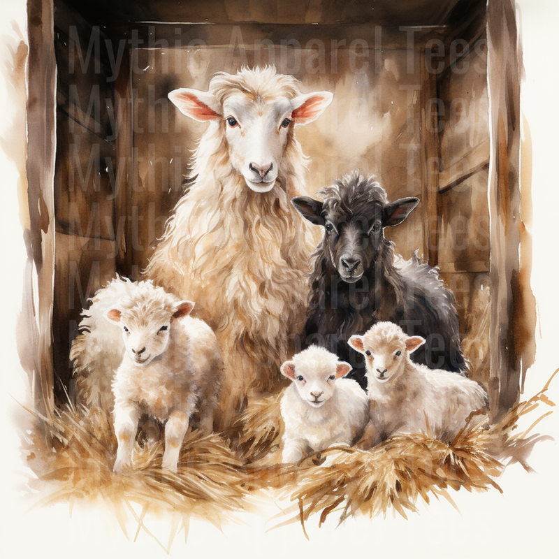 Nativity Sheep Family with Lambs in Rustic Barn Watercolor