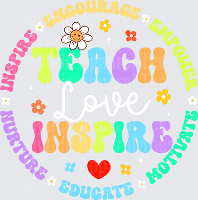 Retro Groovy Teach Inspire Love Circle Design with Smiley Daisy Encourage Empower Nurture Educate Motivate Teacher Words