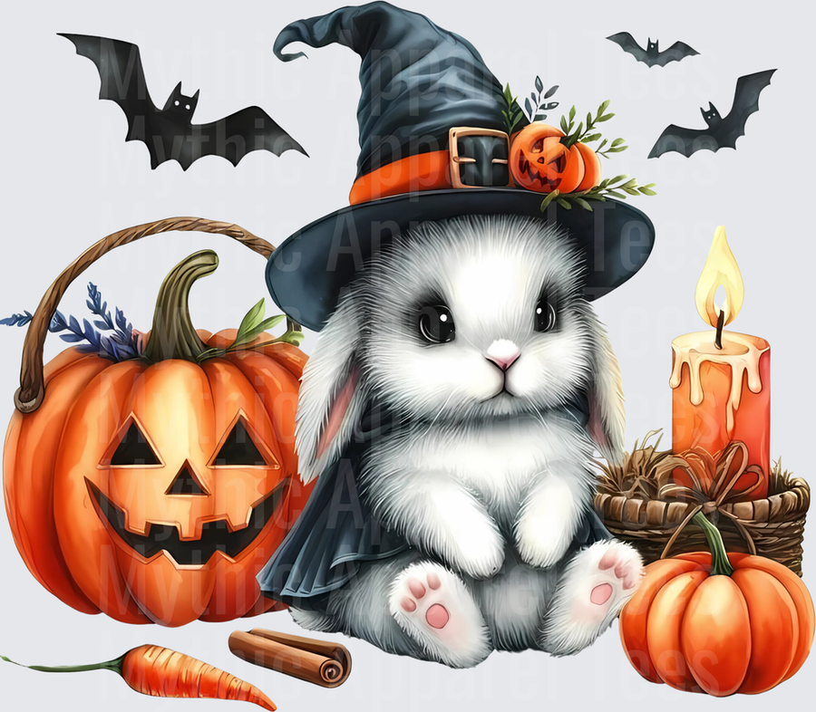 Cute Halloween Witch Bunny with Jack-O-Lantern Pumpkins Bats and Candle Fall Watercolor Design
