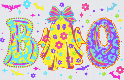 Halloween Boo Retro Groovy Ghost with Bow Leopard Print Letters Floral Bats Sparkles Colorful Design
