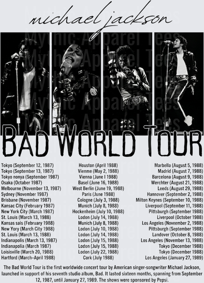 Michael Jackson Bad World Tour Black and White Live Performance Four Panel Concert Photo Collage with World Tour Dates 1987-1989