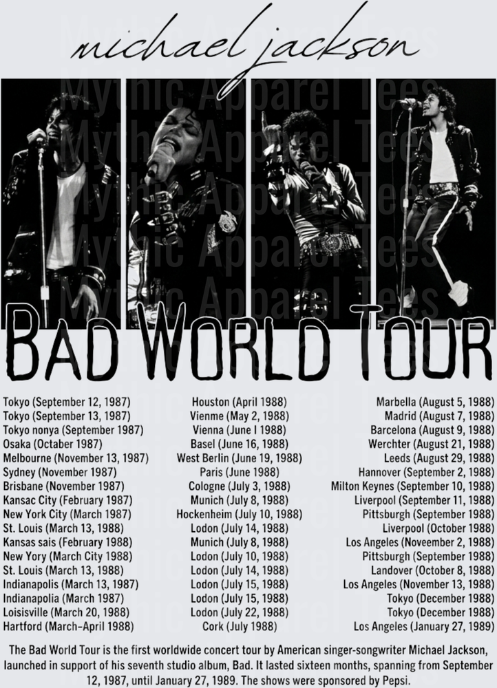 Michael Jackson Bad World Tour Black and White Live Performance Four Panel Concert Photo Collage with World Tour Dates 1987-1989