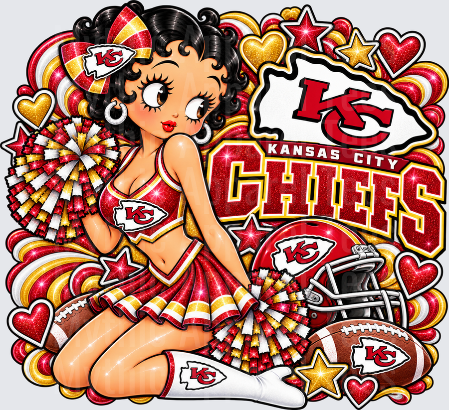 Betty Boop Kansas City Chiefs Cheerleader with Pom Poms Glitter Red and Gold Football Helmet Hearts and Stars Fan Design