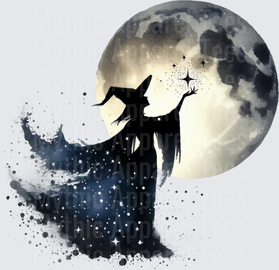 Halloween Gothic Witches Silhouette Full Moon Starry Magic Spell Watercolor Splash
