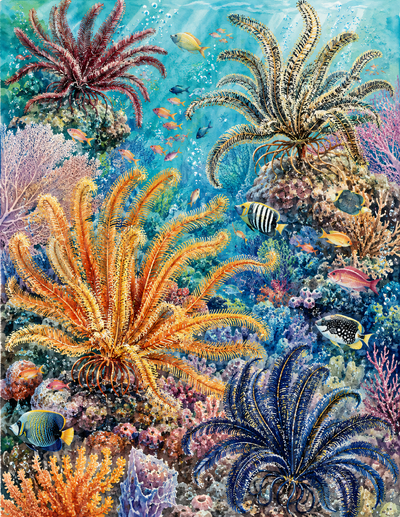 Ocean Animals Vibrant Coral Reef Crinoids and Tropical Fish