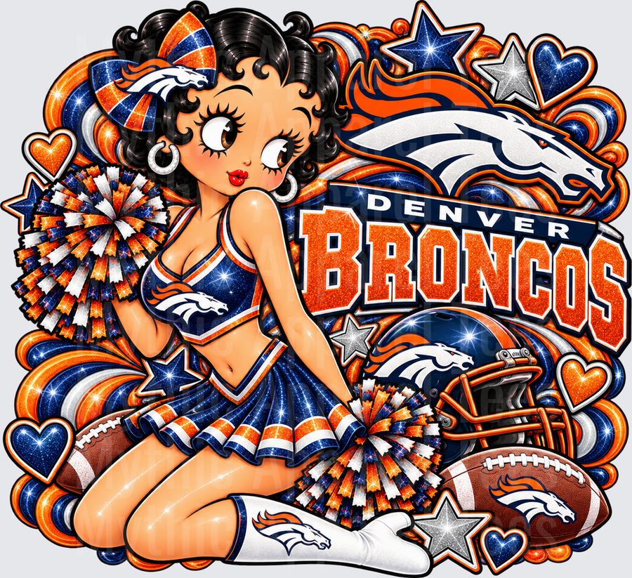 Betty Boop Denver Broncos Cheerleader with Pom Poms Helmet and Football Glitter Fan Art