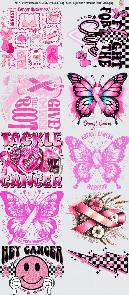 Gang Sheet FULL SIZE DESIGNS Pink Breast Cancer Awareness Bundle with Butterflies Ribbons Fight Tackle Cancer Warrior