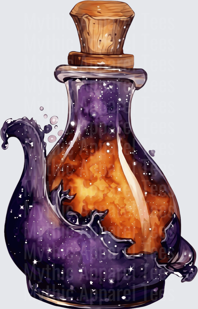 Mystic Halloween Potion Bottle with Galaxy Stars and Orange Glow Watercolor