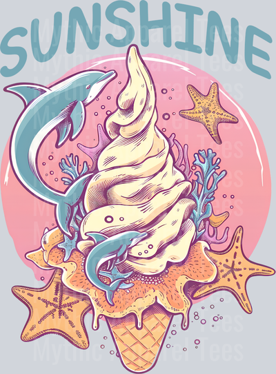 Sunshine Ice cream cone with dolphins and starfish DTF Summer Transfers